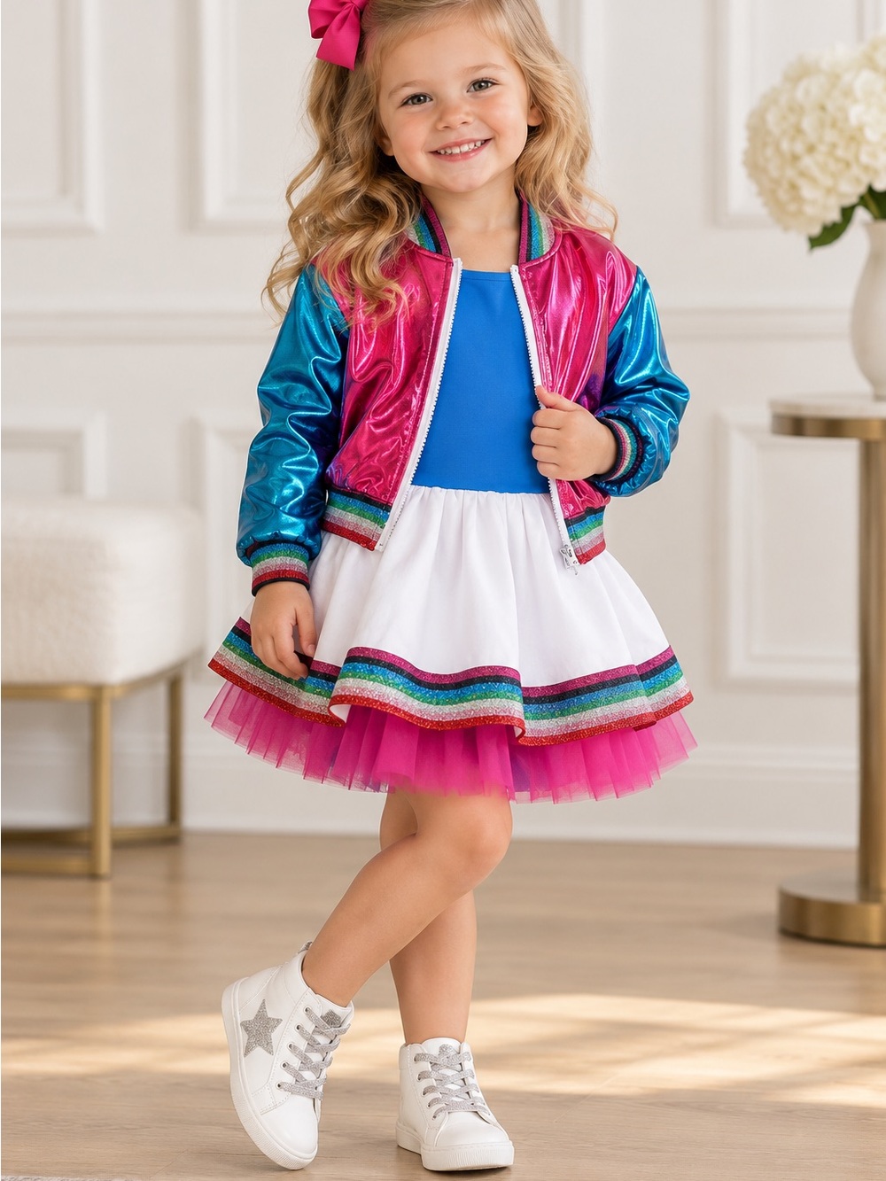 Girls Pink & Blue Rainbow Trim Matching Set